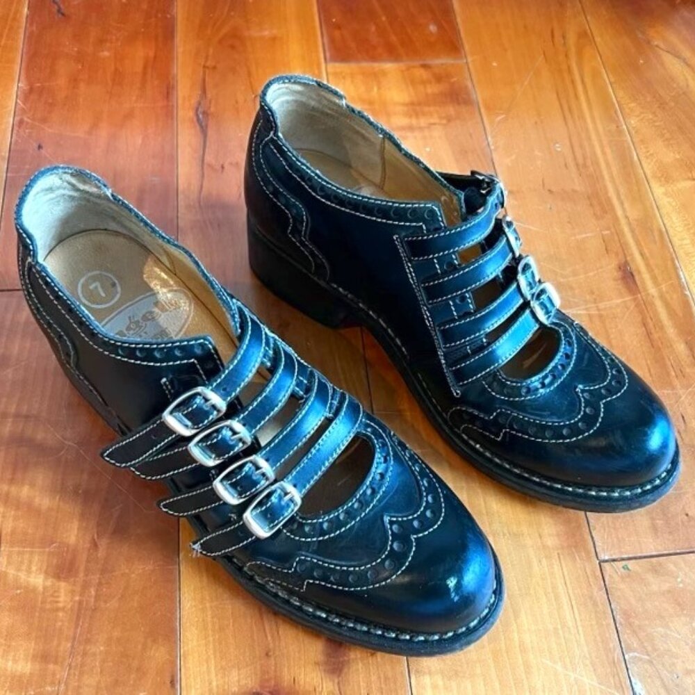 John Fluevog Black Strappy Brogue Shoes